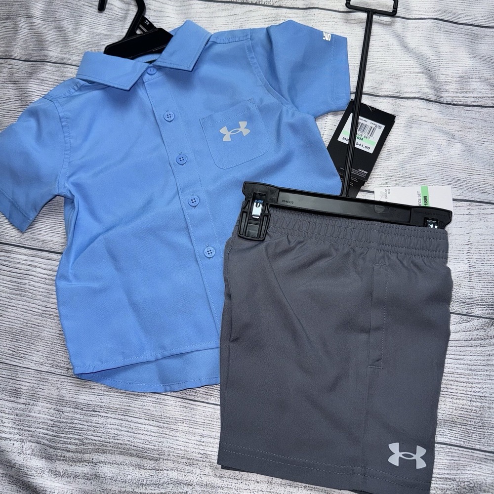 Under Armour Baby Boys 18 Months Carolina Blue Button Up Outfit Set NEW
